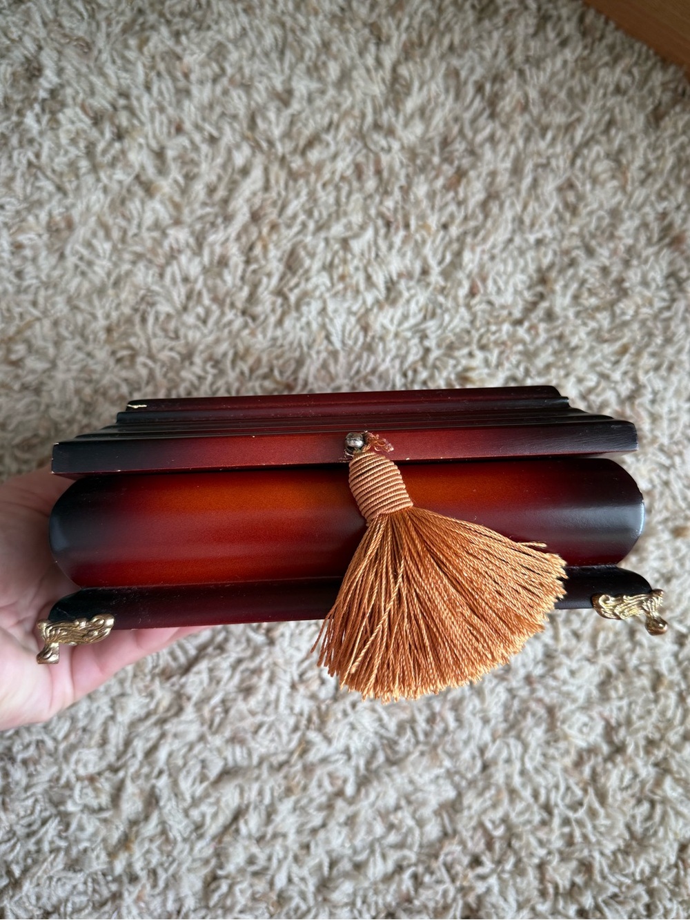 Vintage Wooden Jewelry Box metal legs with Gold Tassel
